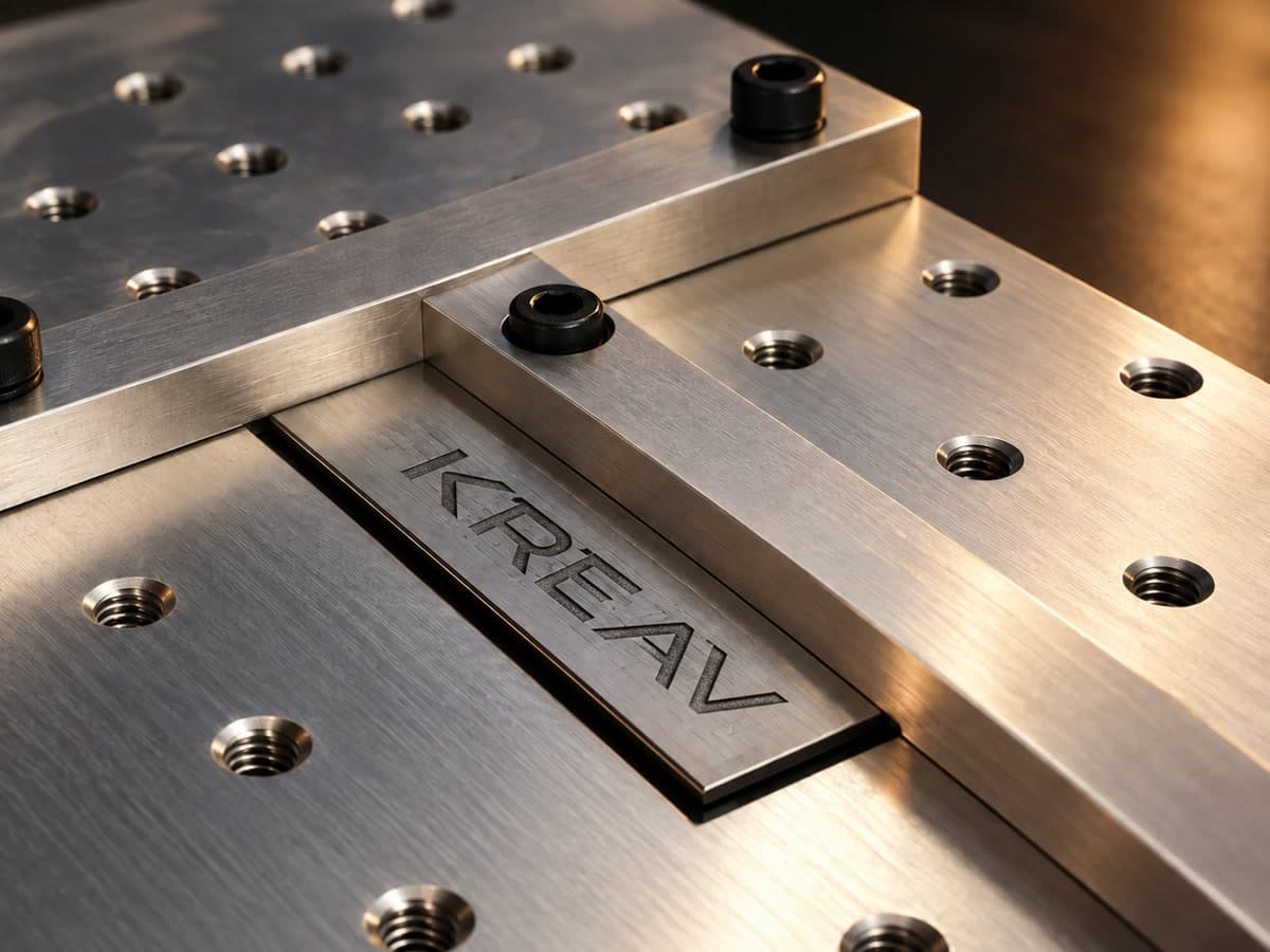 Placa de ABS metalizado com a marca Kreav gravada a laser